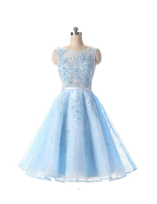 Light Blue Appliqued Sleeveless Lace Homecoming Dresses,girls A-line Scoop Neck Cocktail Dresses,lace Appliques Lace Party Gowns,short Prom