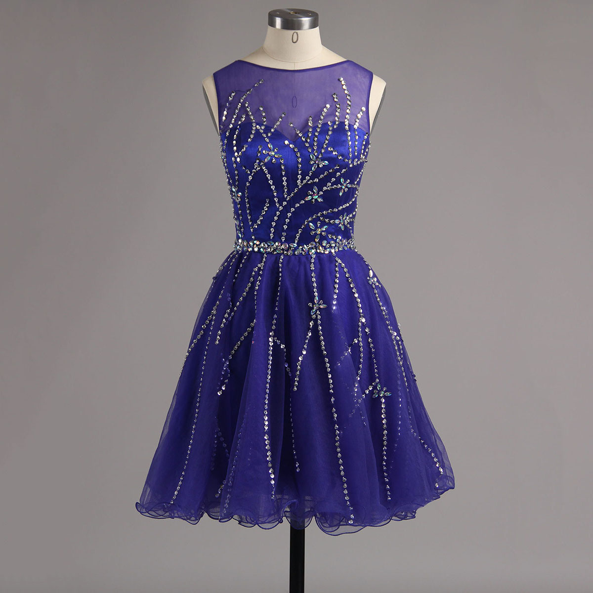 Royal Blue Homecoming Dress With Key Hole Back, Short Beaded Homecoming Dress, Tulle Homecoming Dress With Pleats