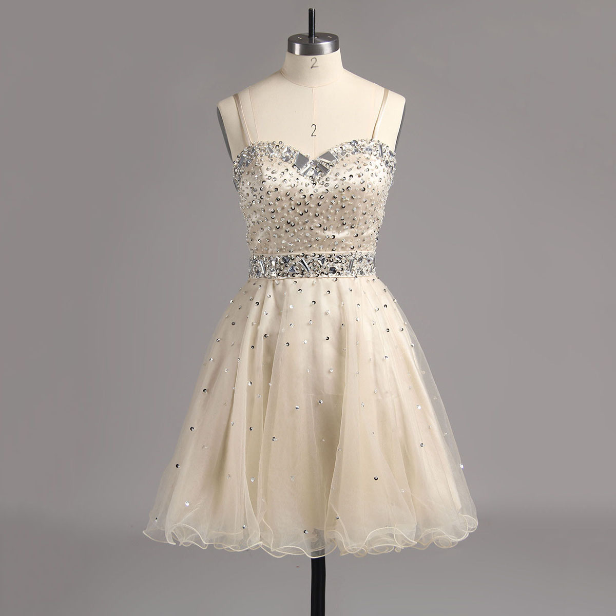 Princess Spaghetti Straps Homecoming Dress, Elegant Organza Homecoming Dress With A Crystal Ribbon, Sparkling Beaded Short Homecoming Dress