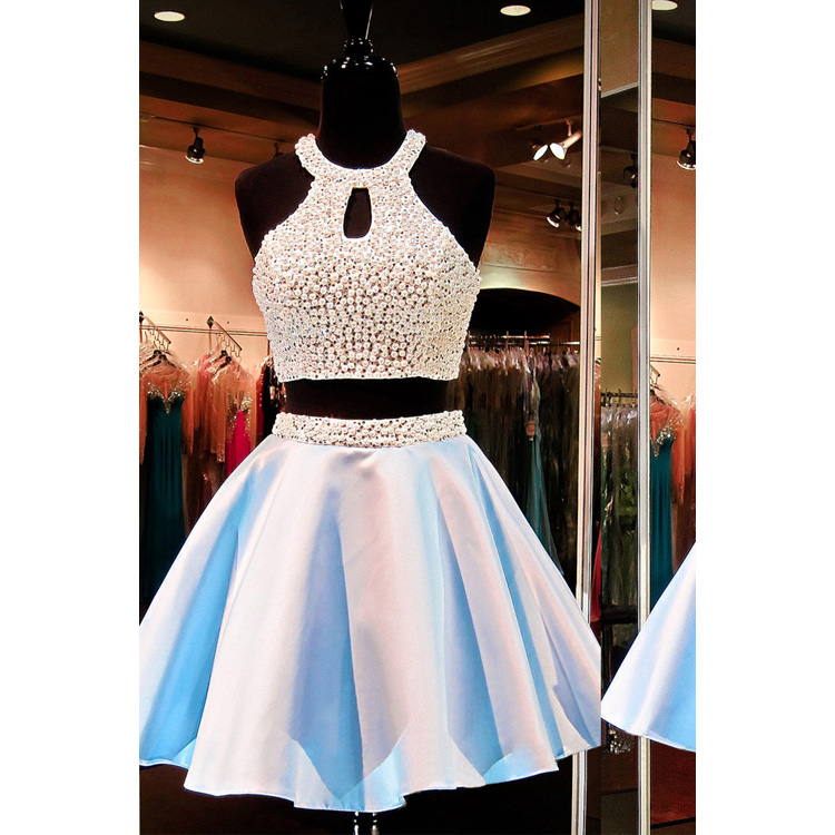 Crystal Pearl Open Back Short Prom Dress, Sleeveless A-line Two Piece Mini Prom Dress, Princess Crop Top Key Holes Prom Dress