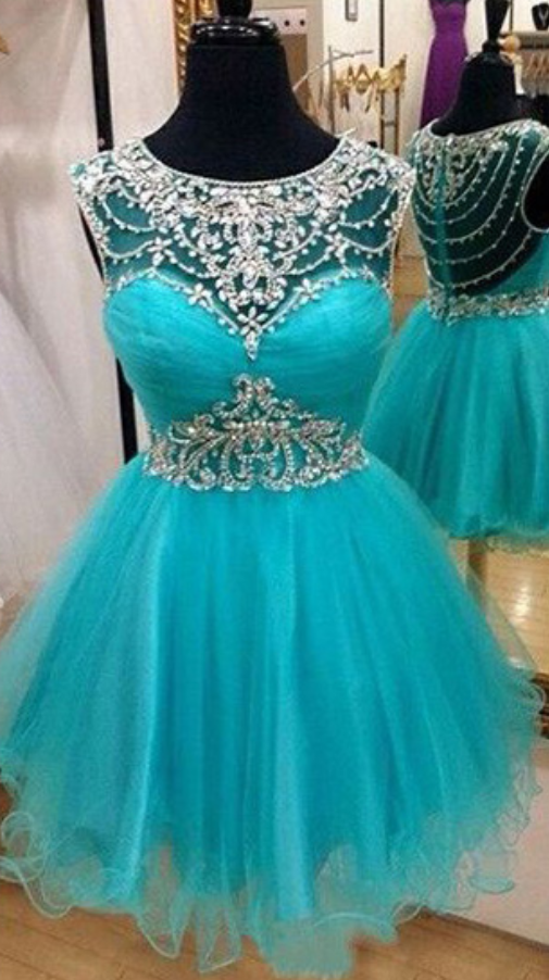 Cute Scoop Neck Ice Blue Short Prom Dress, Sparkling Princess Crystal Beaded Tulle Prom Dress, Sweet Sleeveless Mini Prom Dress