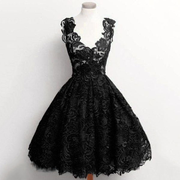 Vintage Black V-neck Short Prom Dress, Sexy See-through Lace Knee Length Prom Dress, Sweet Princess Prom Dress With Lace Appliques