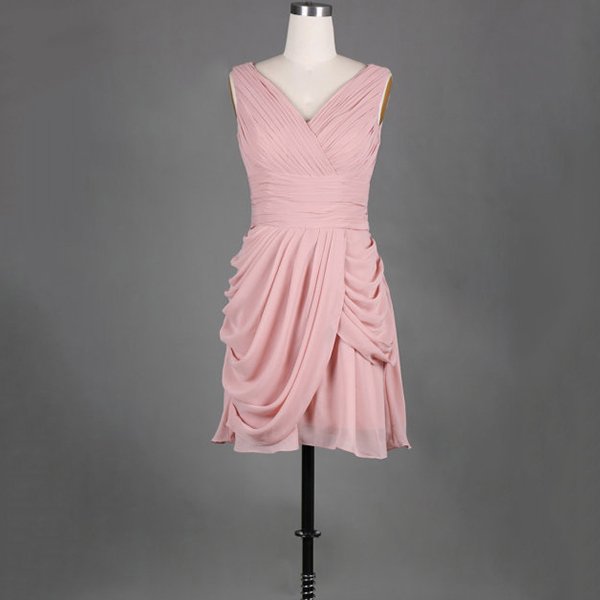 Simple V-neck Pink Bridesmaid Dress, Short Chiffon Bridesmaid Dress With Soft Pleats, Causal Ladies Bridesmaid Dresses With Ruching Detail