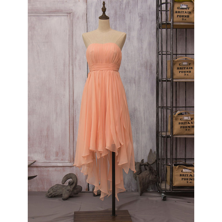Asymmetrical Orange Bridesmaid Dresses, Unique High Low Bridesmaid Dress, Elegant Strapless Chiffon Bridesmaid Dress With Soft Pleats Asymmetrical Orange Bridesmaid Dresses, Unique High Low Bridesmaid Dress, Elegant Strapless Chiffon Bridesmaid Dress With Soft Pleats