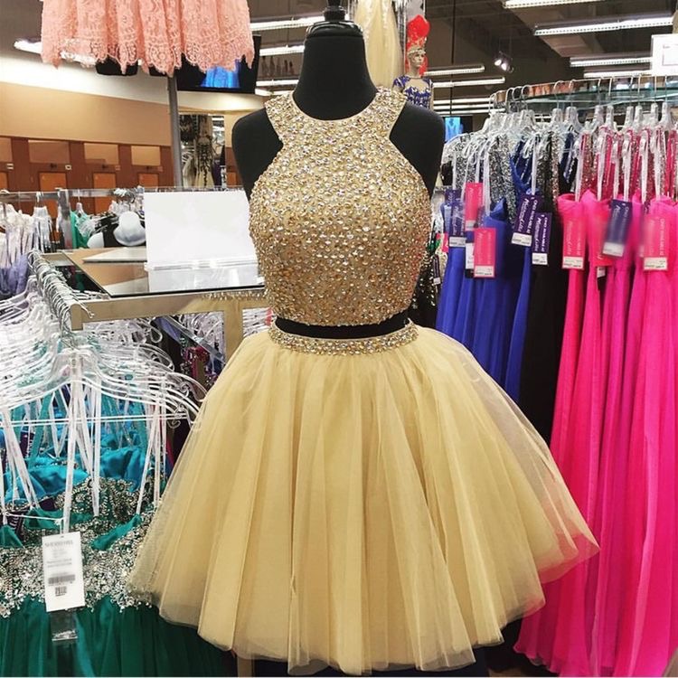 Gold Crystal Two Piece Short Prom Dresses,homecoming Dresses ,cocktail Party Dresses