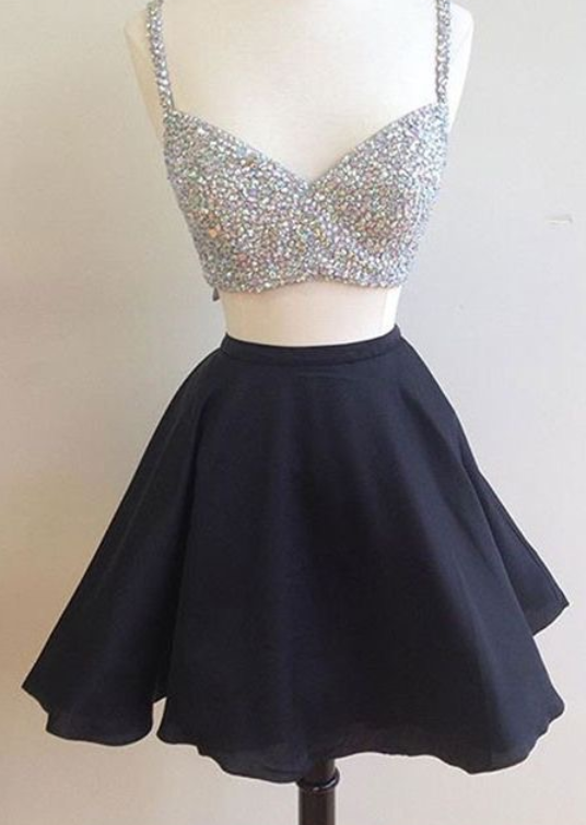 Two Piece Homecoming Dresses, Two Sets Prom Dresses Short, Shinning Beads Black Graduation Dresses