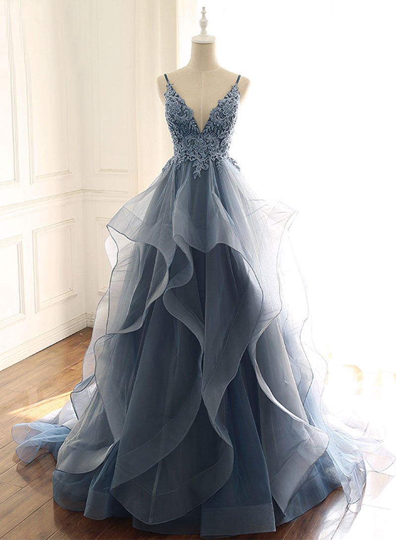 Blue V-neck Tulle Lace Prom Dress,spaghetti Strap Evening Dress,ruffle A Line Formal Dress