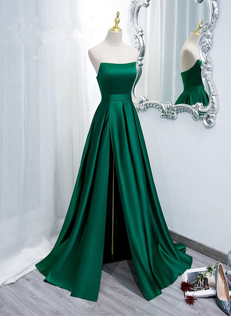 Green Evening Dress,satin Party Dress, Strapless Slit Prom Dress