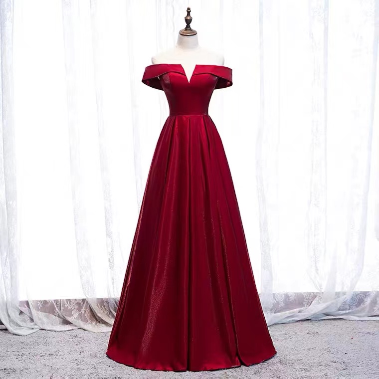 Long Red Prom Gown, Off Shoulder Simple Evening Gown