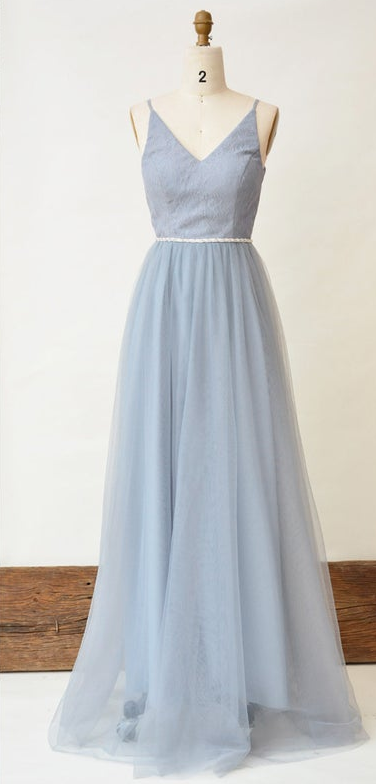 Bridesmaid Dress With Bead Belt Long Prom Dress, Vintage Tulle Wedding Party Dress