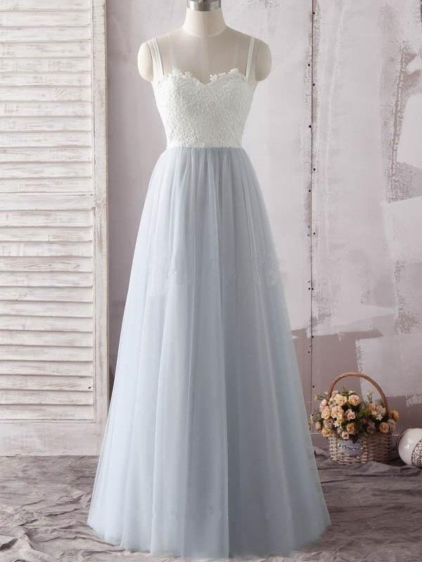 A Line Tulle White Lace Formal Prom Dress, Modest Beautiful Long Prom Dress, Banquet Party Dress