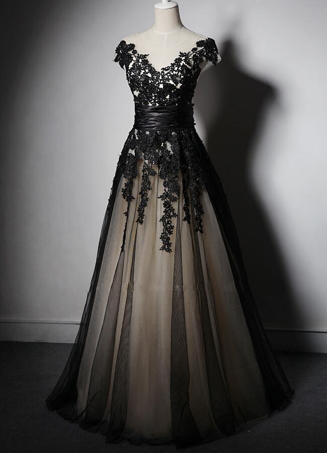 Applique Cap Sleeve Formal Prom Dress, Beautiful Long Prom Dress, Banquet Party Dress