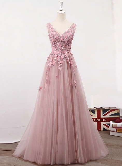 Elegant V-neck Lace-up Tulle Formal Prom Dress, Beautiful Long Prom Dress, Banquet Party Dress
