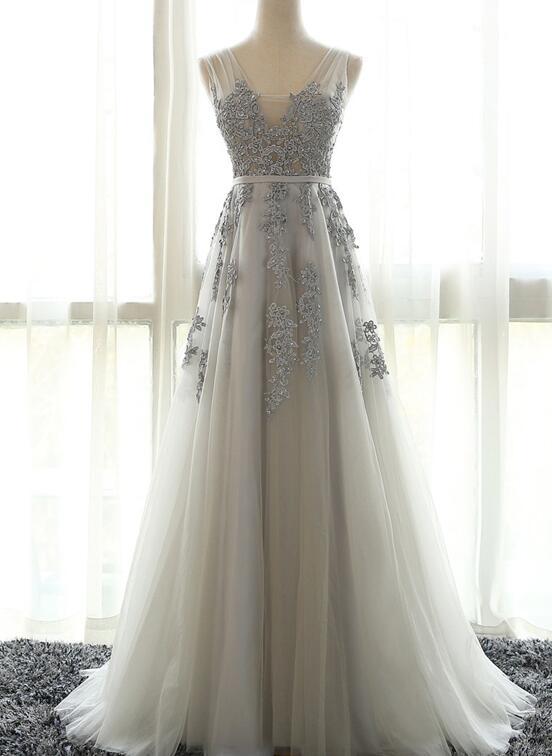 Elegant V Neck Appliques Tulle Formal Prom Dress, Beautiful Long Prom Dress, Banquet Party Dress