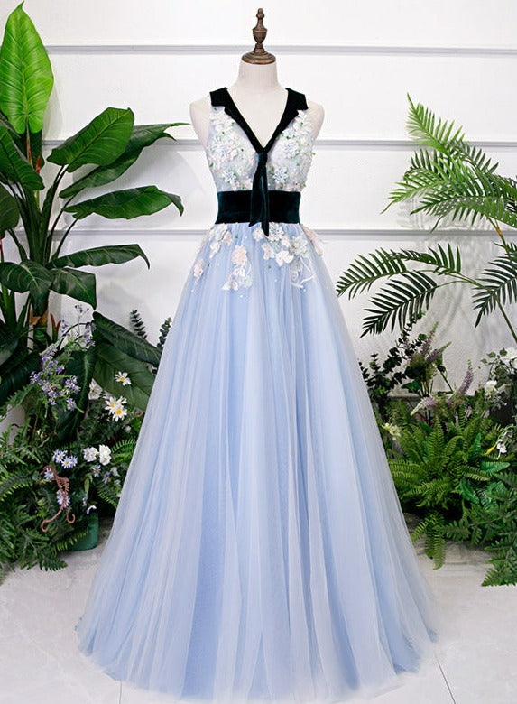 Elegant Tulle With Flowers Lace Formal Prom Dress, Beautiful Long Prom Dress, Banquet Party Dress