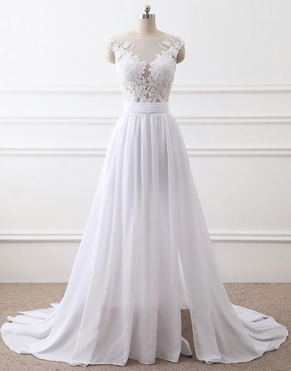 Elegant Round Neck Lace Chiffon Formal Prom Dress, Beautiful Long Prom Dress, Banquet Party Dress