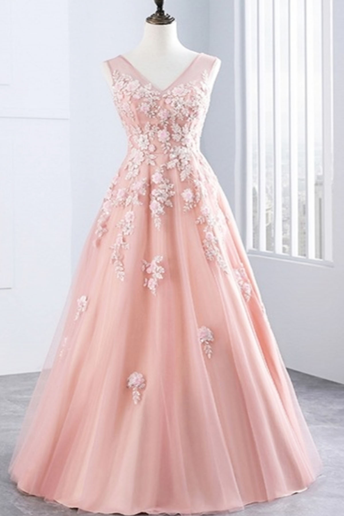 Elegant V Neck Lace Up Tulle Formal Prom Dress, Beautiful Long Prom Dress, Banquet Party Dress