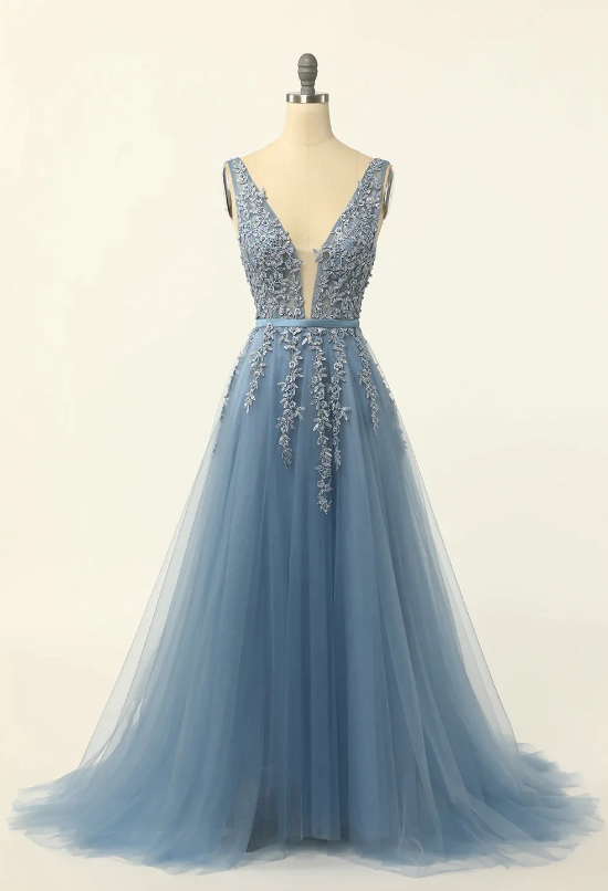Elegant A Line Appliques Tulle Formal Prom Dress, Beautiful Long Prom Dress, Banquet Party Dress