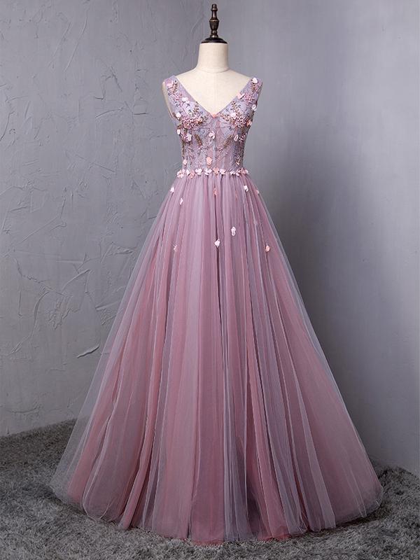 Elegant V Neck A-line Tulle Formal Prom Dress, Beautiful Prom Dress, Banquet Party Dress