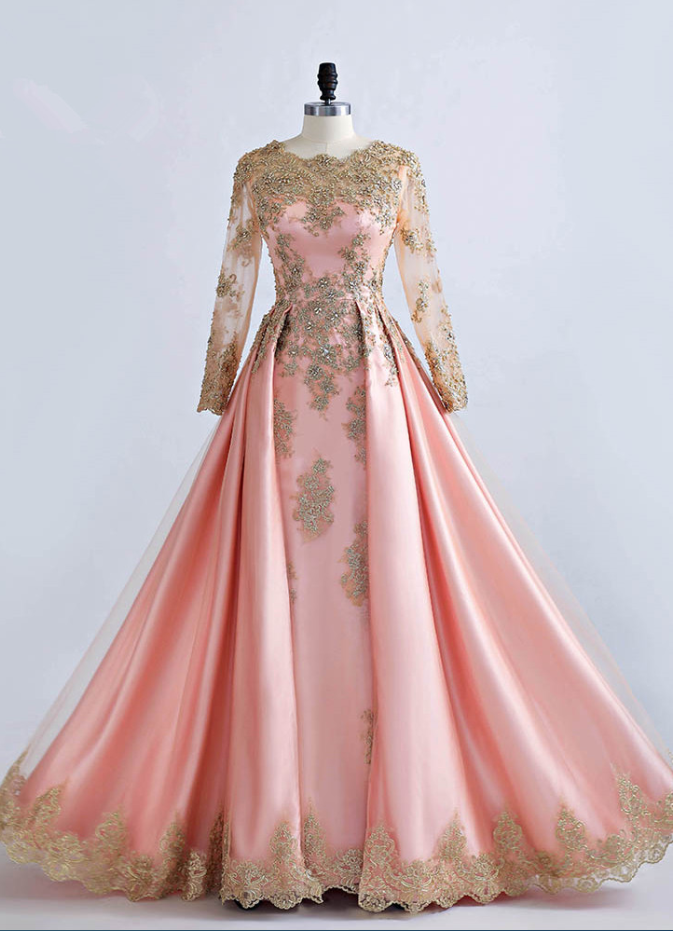 Elegant A Line Long Sleeve Satin Formal Prom Dress, Beautiful Long Prom Dress, Banquet Party Dress