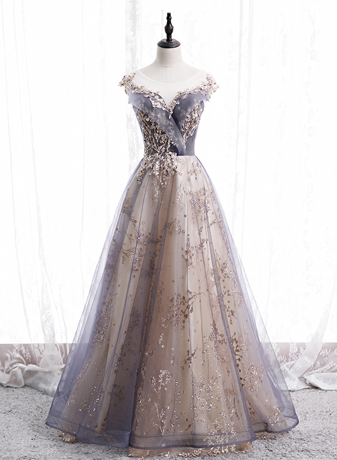 Elegant A-line Tulle with Lace Applique Formal Prom Dress, Beautiful Long Prom Dress, Banquet Party Dress