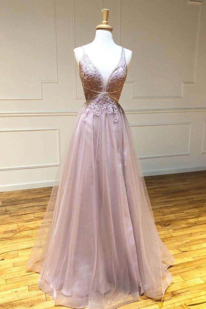 Elegant Sweet A-line V Neck Lace Tulle Formal Prom Dress, Beautiful Long Prom Dress, Banquet Party Dress