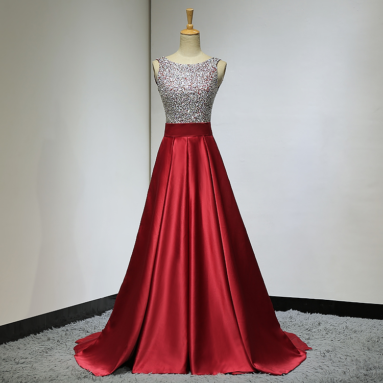 Elegant A-line Sequins Satin Formal Prom Dress, Beautiful Long Prom Dress, Banquet Party Dress