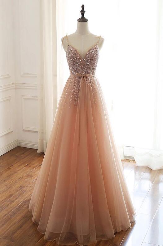 Elegant A-line Beaded Tulle Formal Prom Dress, Beautiful Long Prom Dress, Banquet Party Dress