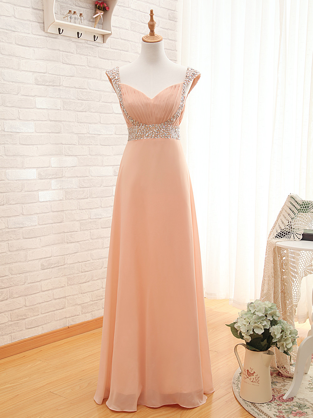 Elegant Sweetheart Cap Sleeves Beaded Chiffon Formal Prom Dress, Beautiful Long Prom Dress, Banquet Party Dress