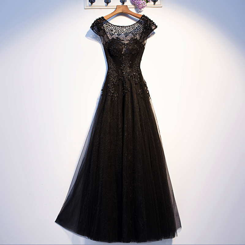 Black O-neck Evening Dress Fashion Embroidery Floor-length Backless Short Sleeves A-line Plus Size Women Formal Party Gown C1442