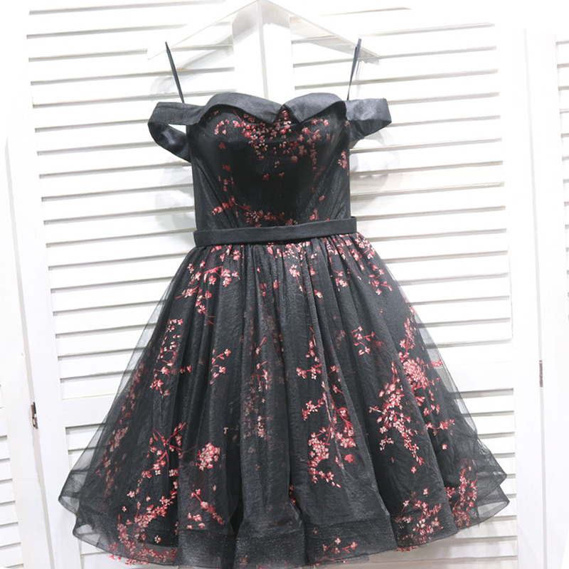 Black Party Dress Off The Shoulder Short Sleeves Plus Size Lace Up Tulle A-line Tea-length Simple Prom Formal Dresses