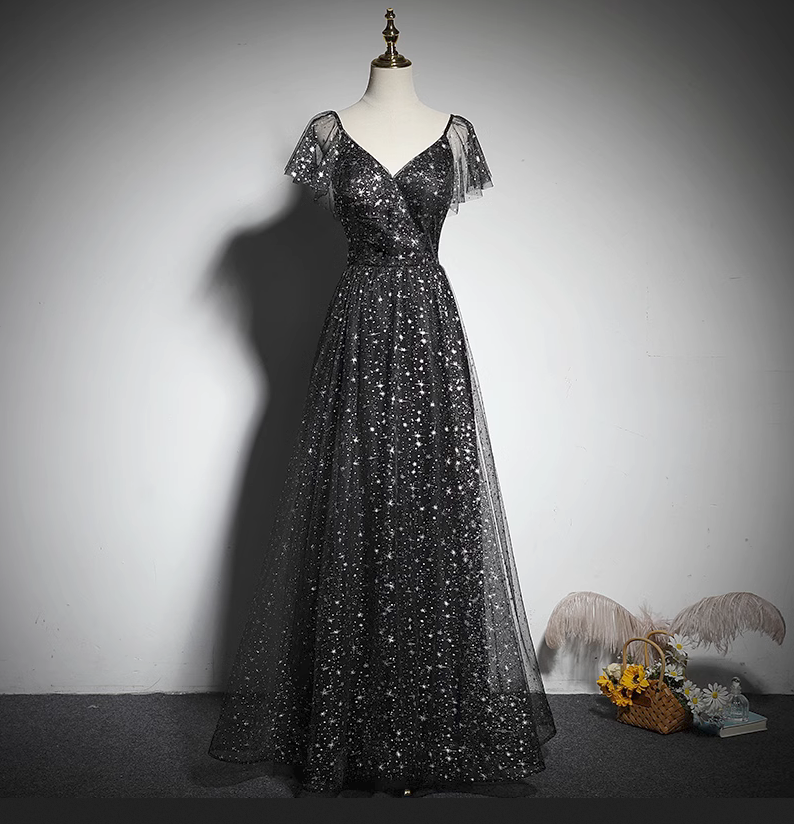 V-neck Short-sleeved Dress Black Evening Dress A-line Dress Party Dress