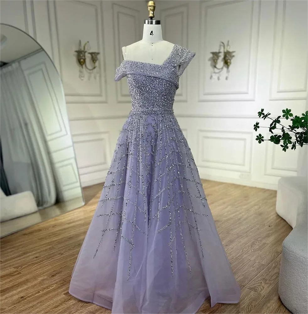 Prom Dress, Lilac Luxury Beaded A-line Lace Up Evening Dresses 2024 Arabic Off Shoulder For Women Wedding