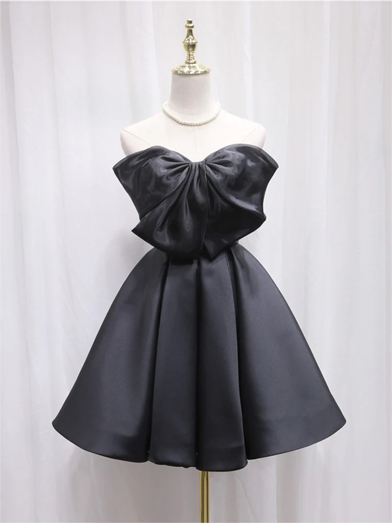 Short Homecoming Dress, Black Sweetheart Neck Satin Short Prom Dress, Black Homecoming Dress