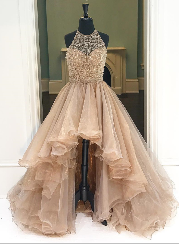 Prom Gown,champagne High Low Tulle Prom Dress Featuring Halter Neck Bodice