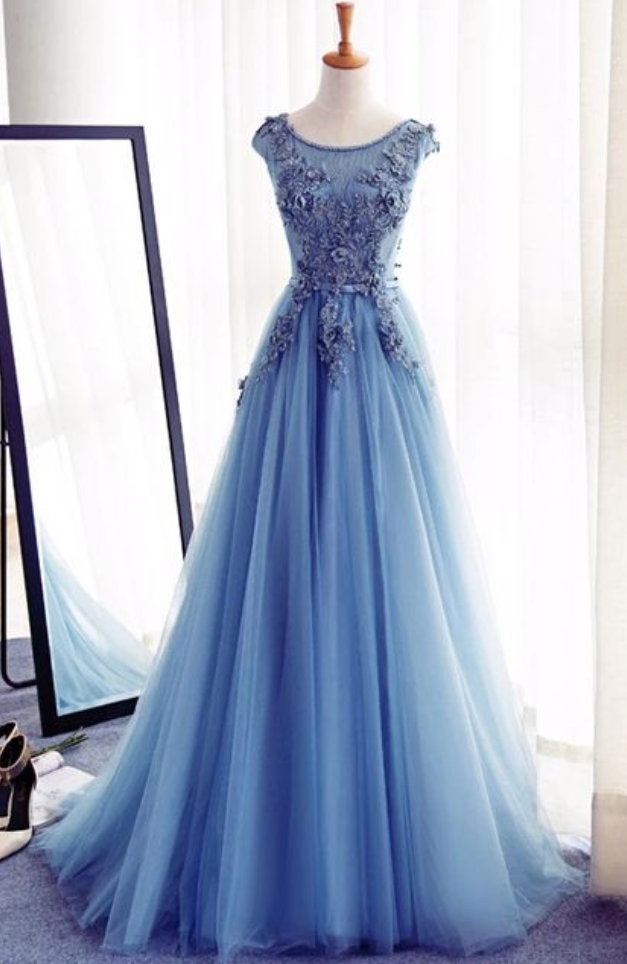 Blue Floor Length Tulle A-line Prom Gown Featuring Floral Appliqués Bateau Neck Bodice And Cap Sleeves