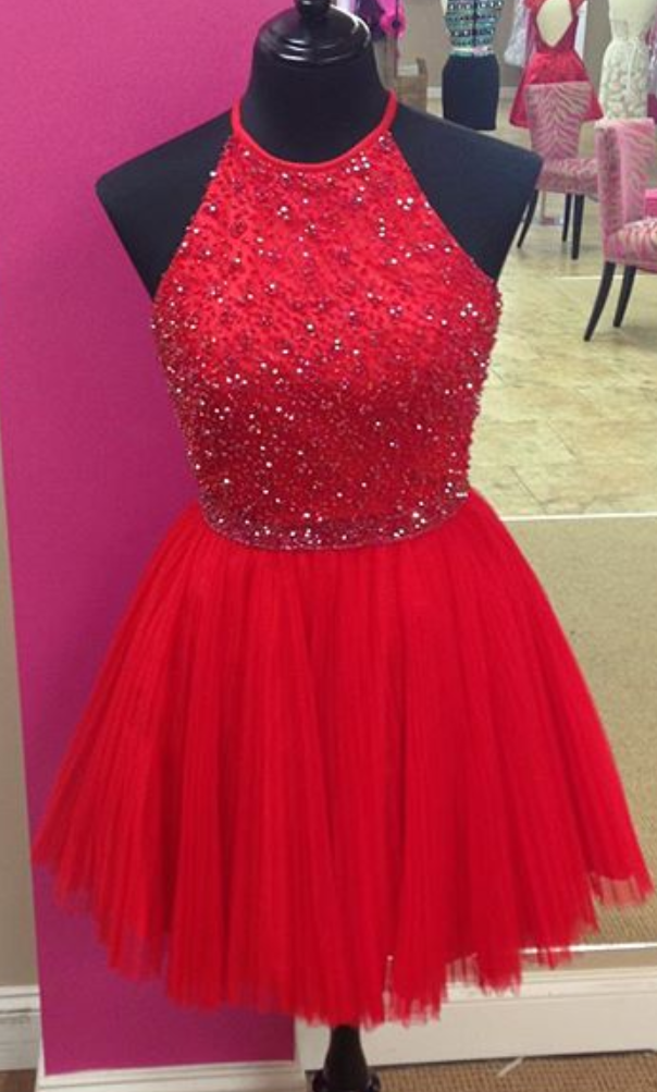 Homecoming Dresses,elegant Lace Beaded Halter Pleated Tulle Prom Gowns Short Homecoming Dress