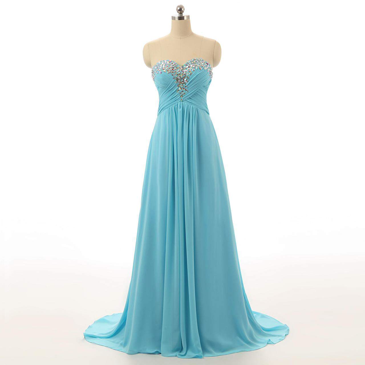 Prom Dresses,sweetheart Chiffon A-line Floor-length Dress Featuring Rhinestone Beaded Bodice And Sweep Train