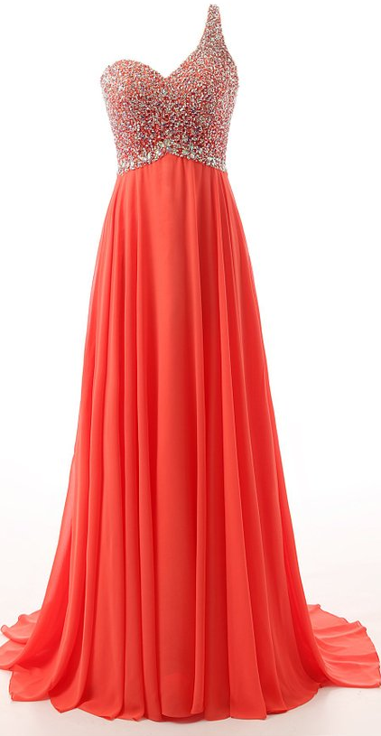 Coral Long Chiffon Formal Dresses Showcases Beaded One Shoulder ,sexy Backless Evening Gowns,prom Dresses