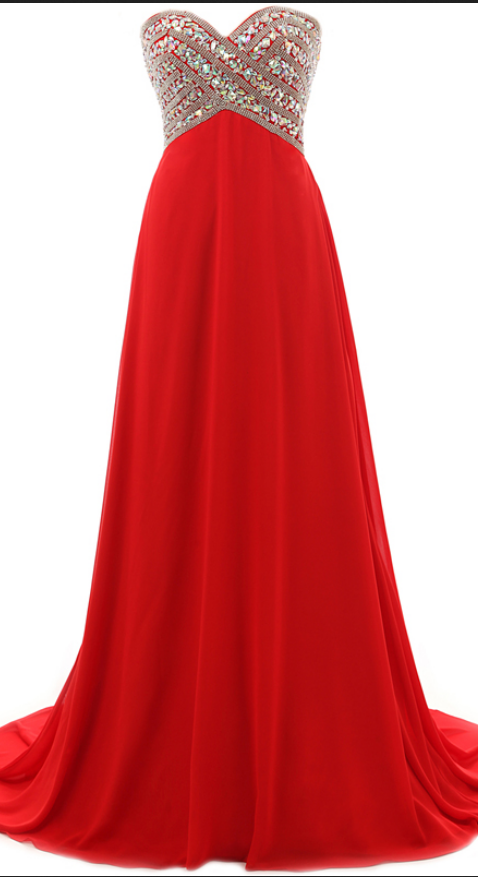 Straplesss Red Chiffon Prom Dresses With Rhinestone,sexy Sweetheart Chiffon Evening Gowns