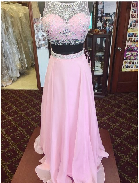 Brilliant Pink Long Chiffon Prom Dresses ,showcases Beaded Sheer Bateau Neckline,two Piece Prom Dresses,sexy Evening Gowns,formal Dresses