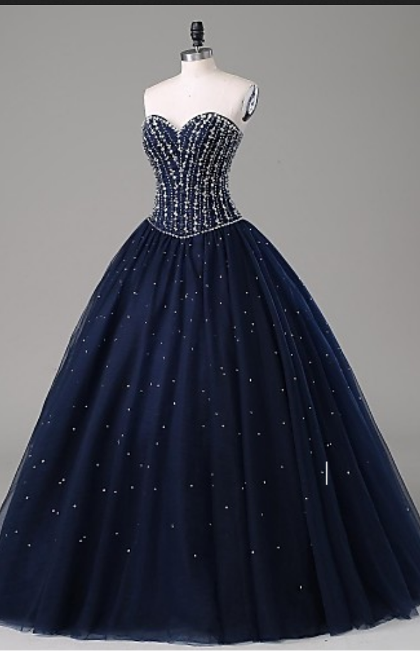 Navy Blue Strapless Sweetheart A-line Floor-length Prom Gown With Crystal Embellished Bodice And Lace-up Back