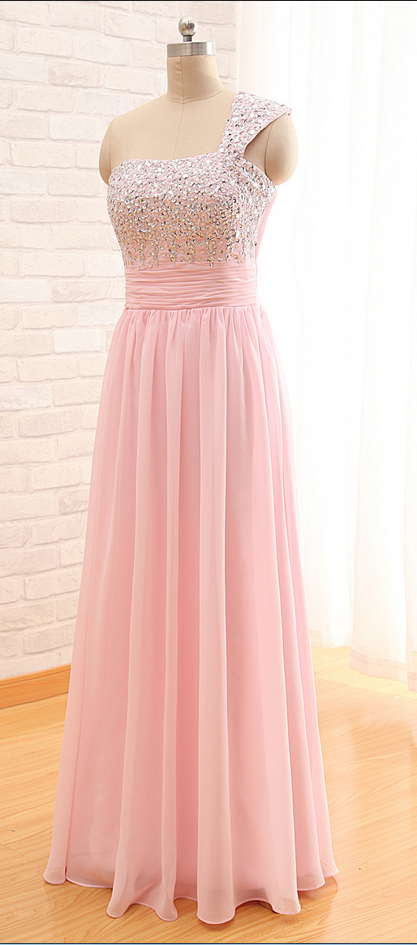 One-shoulder Beaded Bodice Chiffon Floor-length Prom Dress
