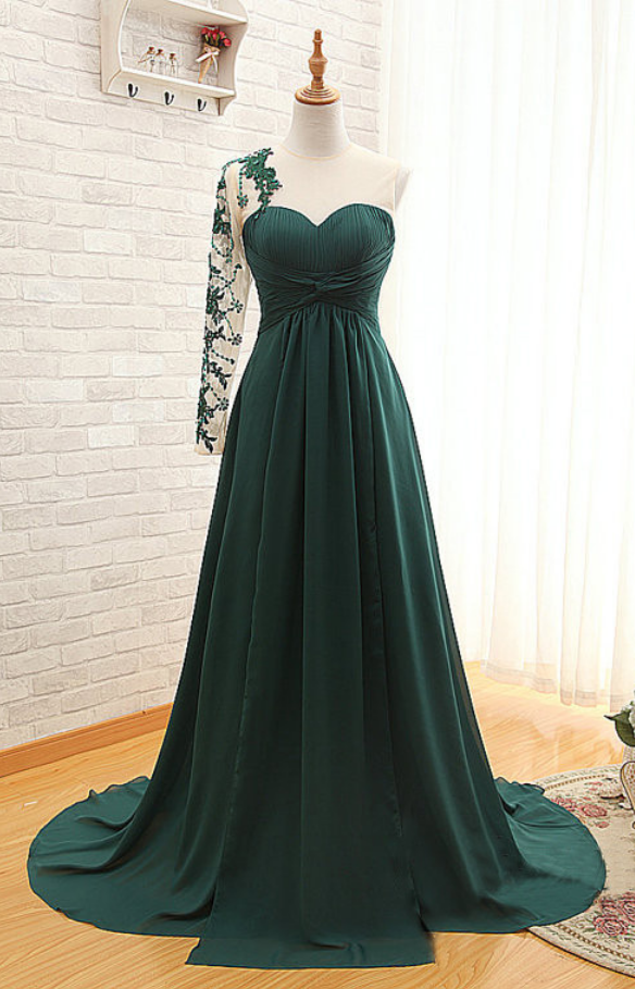 Forest Green Floor Length Chiffon Evening Dress Featuring Ruched Sweetheart Illusion Bodice With Lace Appliqués Sheer One Shoulder