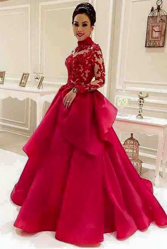 High-Neck Red See-Through Long-Sleeve Lace Evening-Dresses Dubai Style ...