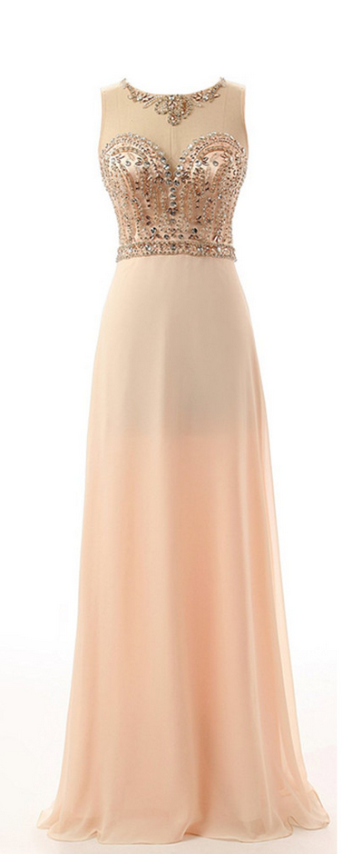 Champagne Floor-length Beaded Chiffon Dress With Illusion Scoop Neckline
