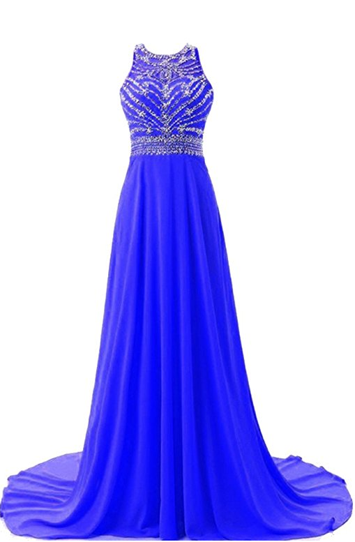 Royal Blue Ball Gown Chiffon Beaded Prom Formal Dresses