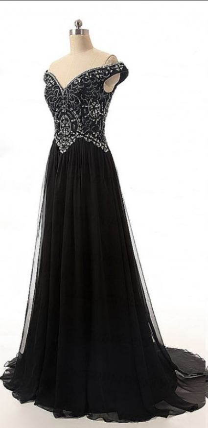 Beaded Embellished Floor Length V Neck Off-the-shoulder Chiffon Prom Dress, Evening Dress