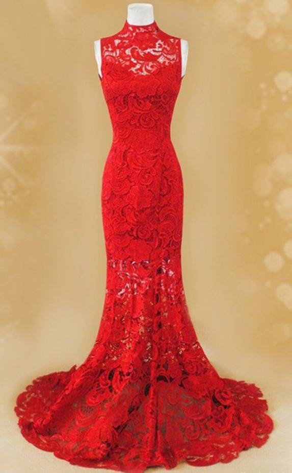 Charming Red Lace Prom Dress, Mermaid Prom Dress, Lace Prom Dress, Lace Formal Dress, Lace Evening Dress, Real Image Prom Dresses