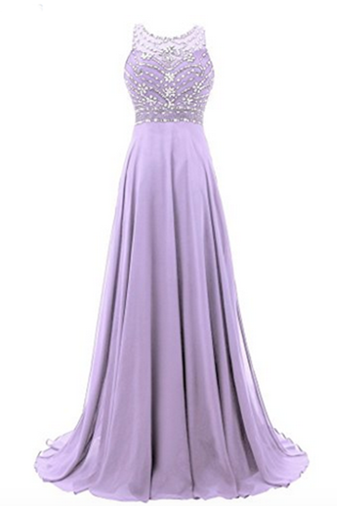 Prom Gowns,charming Evening Dress,chiffon Round Neck Sequins Beaded A-line Long Prom Dresses For Teens,